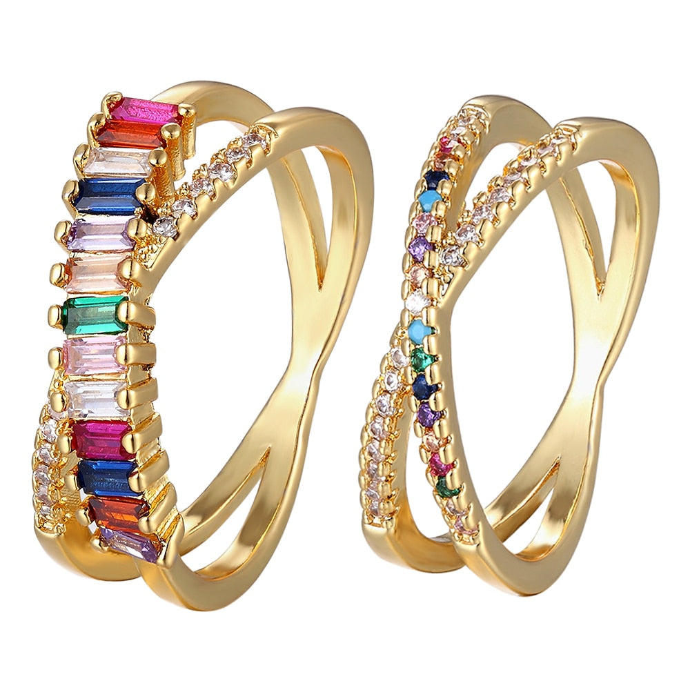 Top Quality Colorful Rainbow CZ Gold Ring