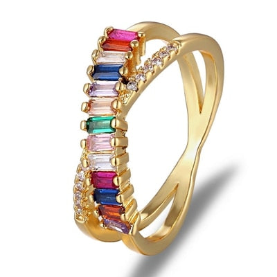 Top Quality Colorful Rainbow CZ Gold Ring