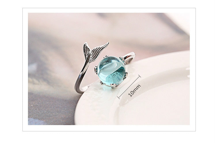 925 Sterling Silver Blue Crystal Mermaid Bubble Open Rings