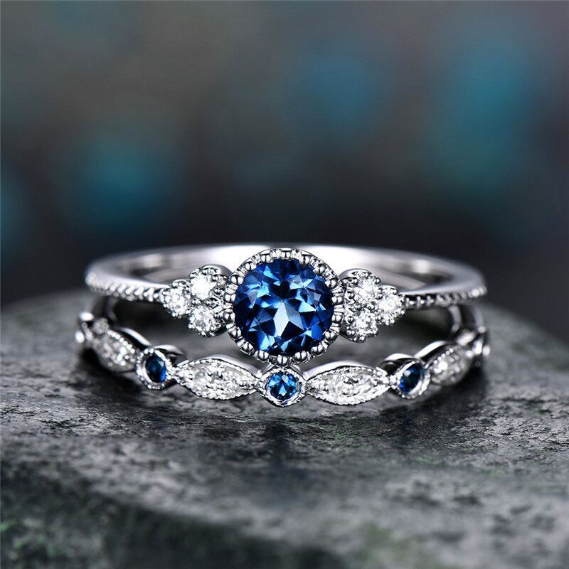 2Pcs/Set Luxury Green Blue Stone Crystal Rings For Women