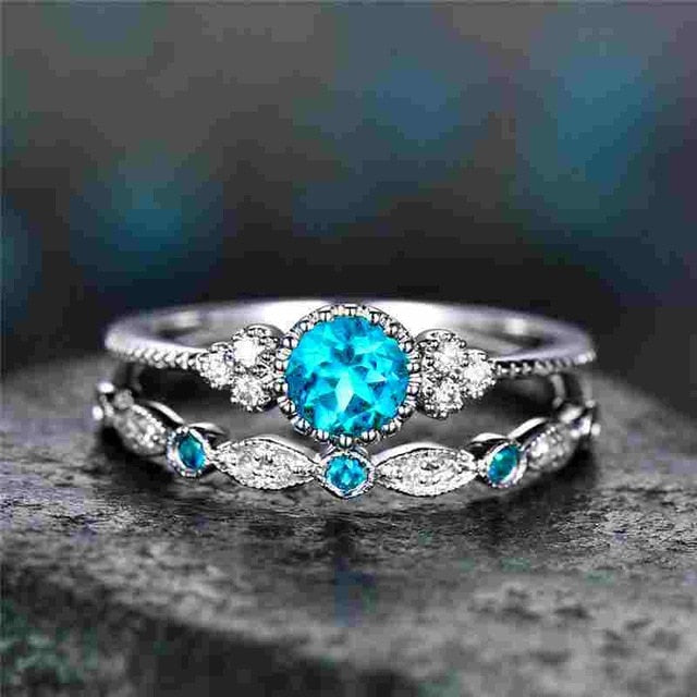 2Pcs/Set Luxury Green Blue Stone Crystal Rings For Women