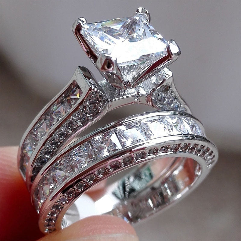 Princess Cut CZ Anniversary Promise Wedding Engagement Ring Sets