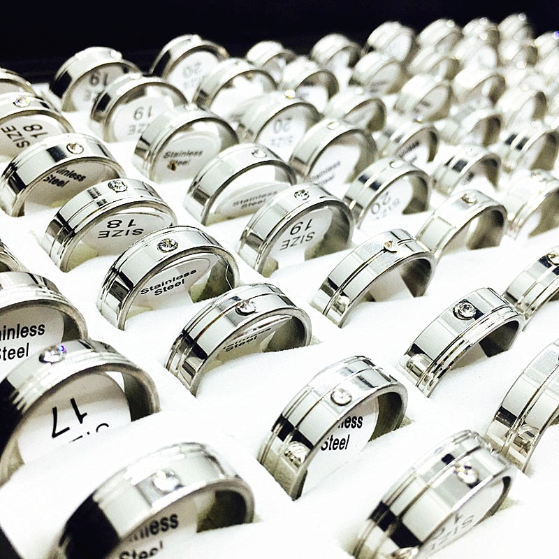 Wholesale bulk lots 50pcs mix styles women's rhinestone stainless steel jewelry finger rings