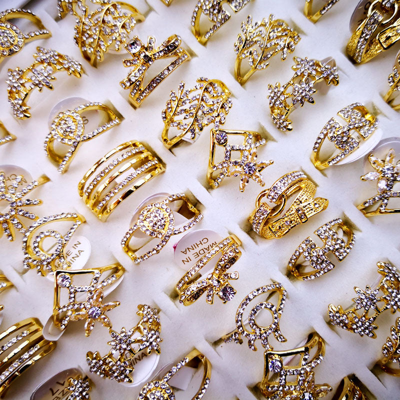 50Pcs Hot Sale Women's Rings New Design Mixed Wholesale Styles Gold Zircon Rings