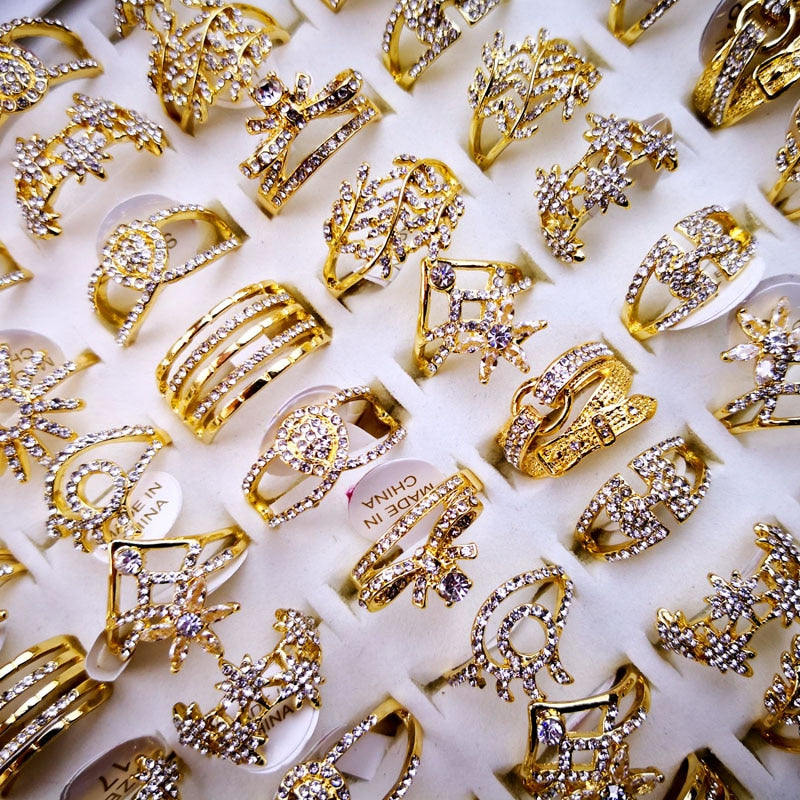 50Pcs Hot Sale Women's Rings New Design Mixed Wholesale Styles Gold Zircon Rings