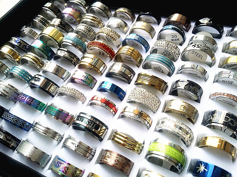 Wholesale bulk lots 100pcs rings mixed styles high quality stainless steel mens womens fashion wedding party Ring