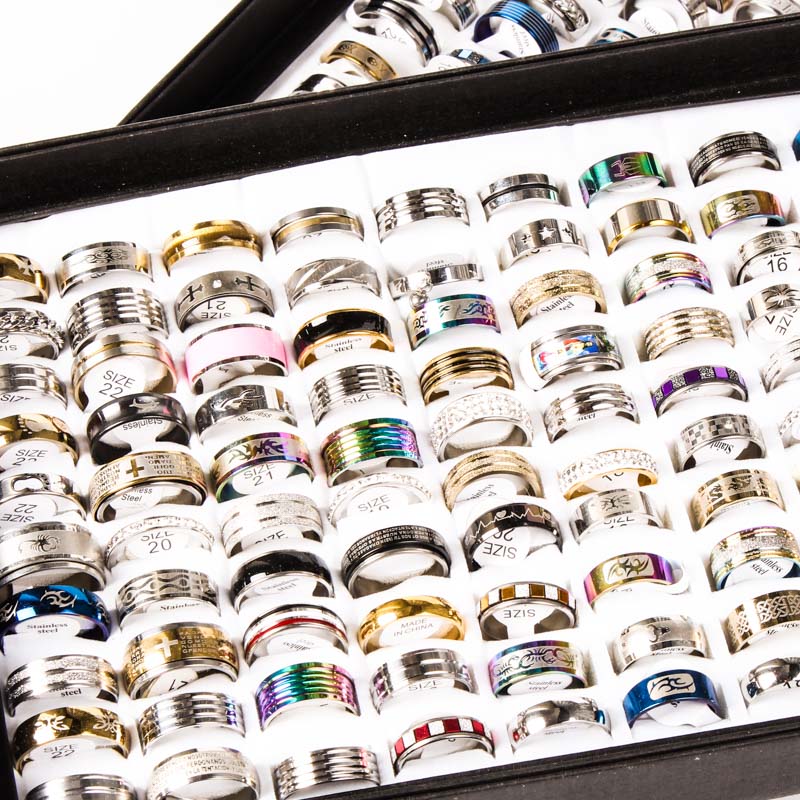 wholesale lots bulk 100pcs ring set men women unisex stainless steel gold silver black mixed styles fashion rings jewelry
