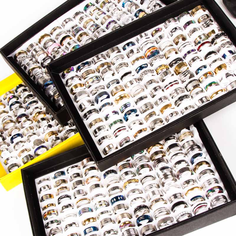 wholesale lots bulk 100pcs ring set men women unisex stainless steel gold silver black mixed styles fashion rings jewelry