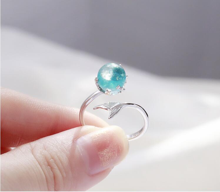 925 Sterling Silver Blue Crystal Mermaid Bubble Open Rings