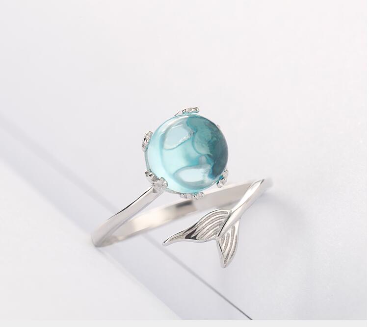925 Sterling Silver Blue Crystal Mermaid Bubble Open Rings