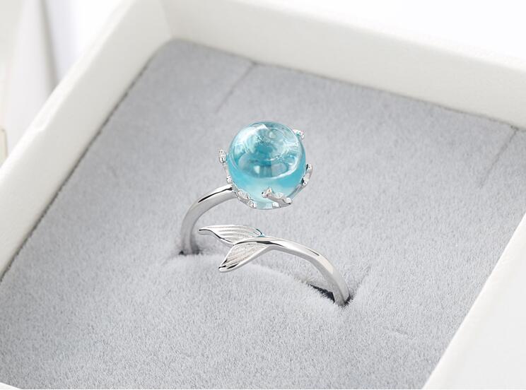 925 Sterling Silver Blue Crystal Mermaid Bubble Open Rings