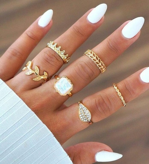 6 Pcs Set luLuhub Fashion Bohemia Leaf Crystal Crown Women's Ring